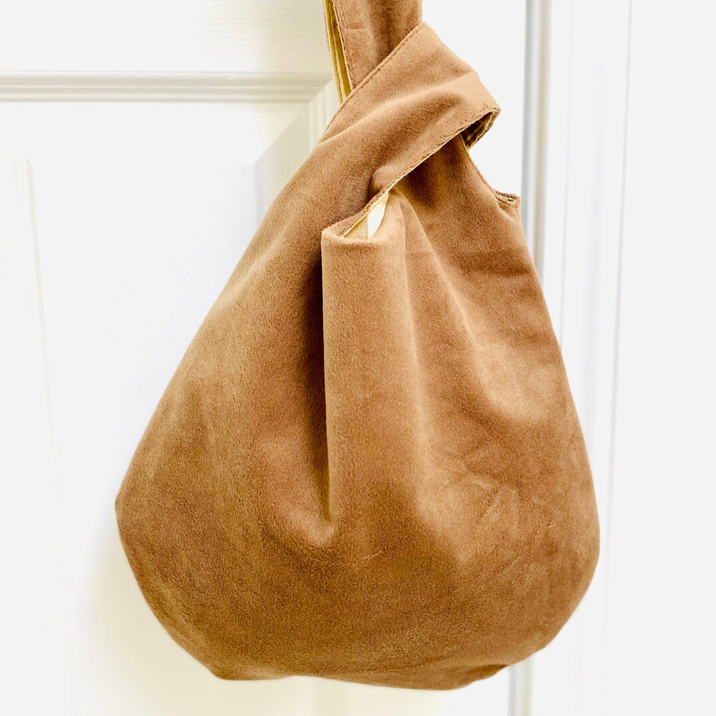 Camel Plush Velvet Teardrop Knot Tote With Thread-Through Shoulder Tab, Full Smooth Inner Lining And Uniform Top-Stitched Edge Detailing