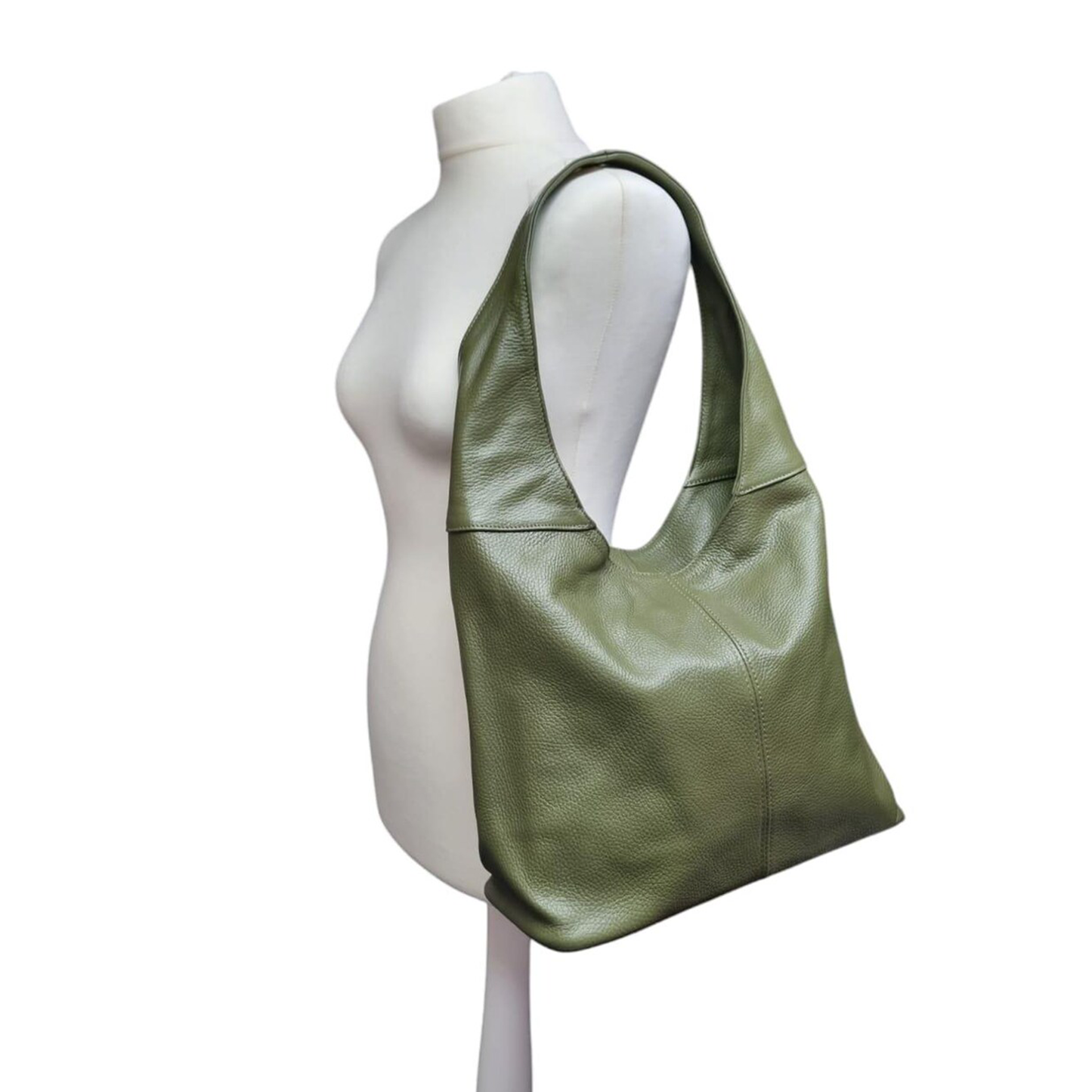 Olive Green Pebbled Oversized Slouchy Hobo Tote With Segmented Front Stitching, Integrated Wide Shoulder Loop And Inner Divided Storage Slots