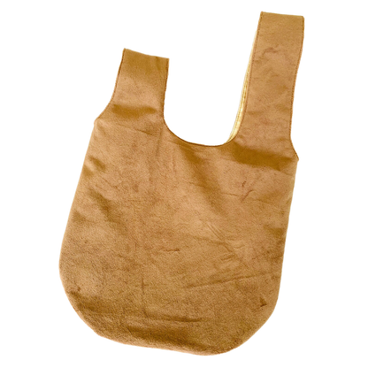 Camel Plush Velvet Teardrop Knot Tote With Thread-Through Shoulder Tab, Full Smooth Inner Lining And Uniform Top-Stitched Edge Detailing