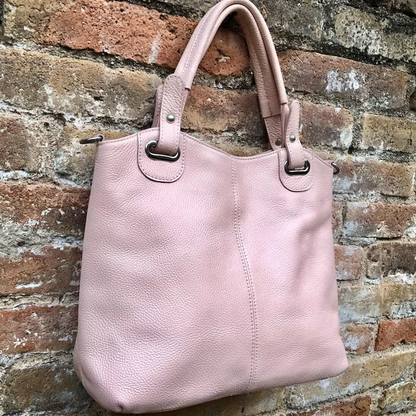 Pale Blush Pebbled Soft Shopper Tote With D-Ring Top Carry Tabs, Detachable Slim Hanging Strand And Dual Inner Zip Storage Slots