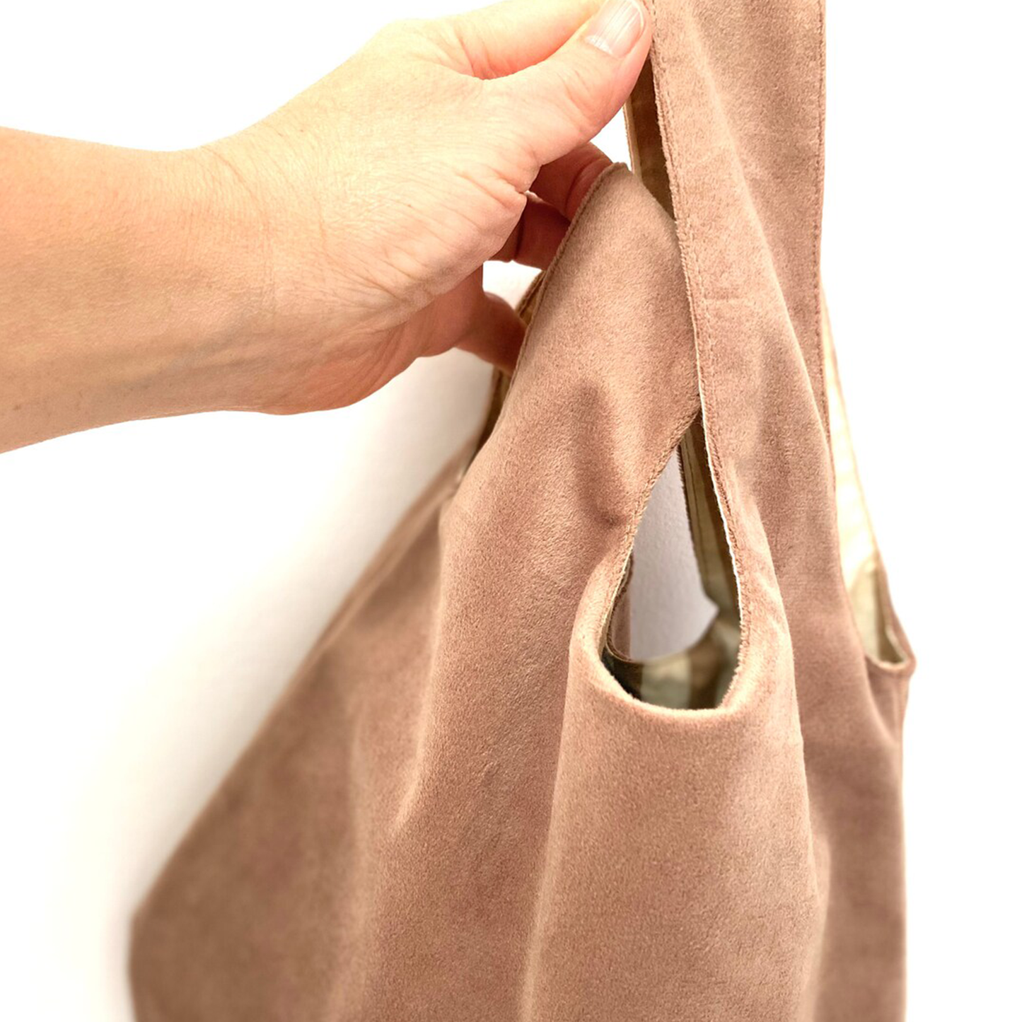 Camel Plush Velvet Teardrop Knot Tote With Thread-Through Shoulder Tab, Full Smooth Inner Lining And Uniform Top-Stitched Edge Detailing