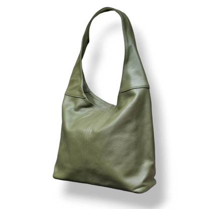 Olive Green Pebbled Oversized Slouchy Hobo Tote With Segmented Front Stitching, Integrated Wide Shoulder Loop And Inner Divided Storage Slots