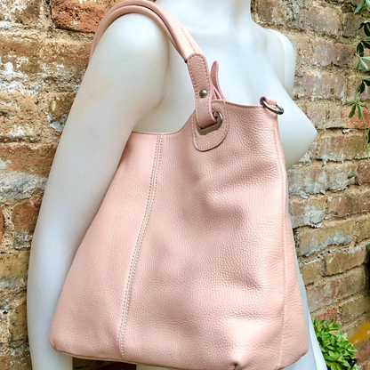 Pale Blush Pebbled Soft Shopper Tote With D-Ring Top Carry Tabs, Detachable Slim Hanging Strand And Dual Inner Zip Storage Slots