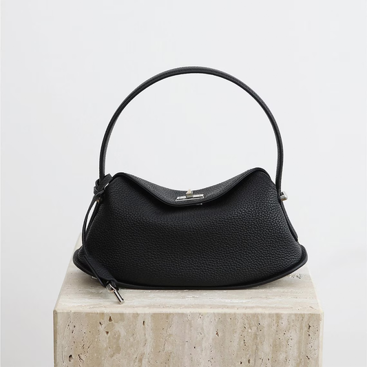 Triple-Tone Pebbled Curved Saddle Handbag With Arched Single Carry Loop, Metallic Turn-Lock Flap And Side Fabric Tab Detail