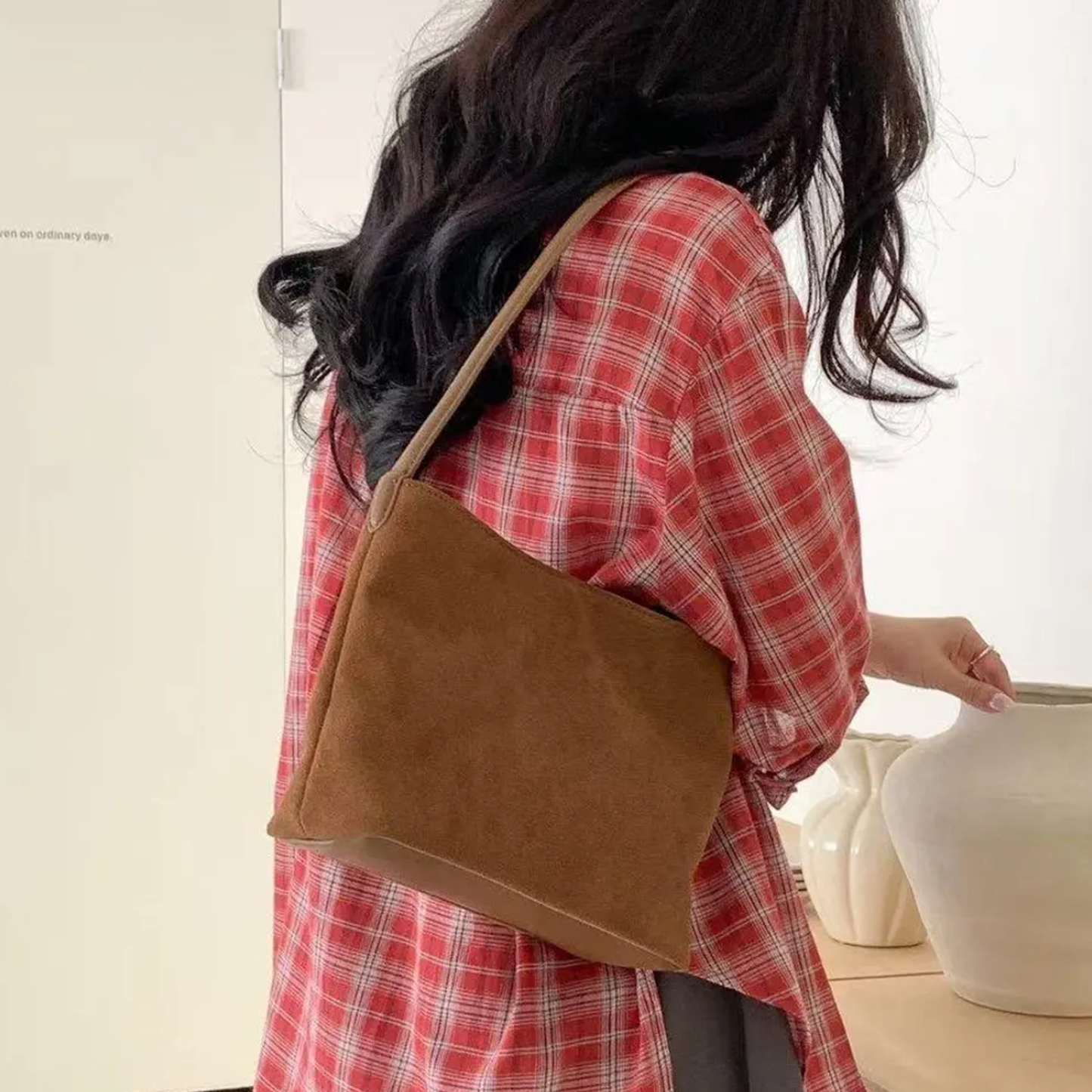Matte Fuzzy Compact Hobo Pouch With Slim Integrated Shoulder Loop, Relaxed Sloped Silhouette And Open Top Entry Design