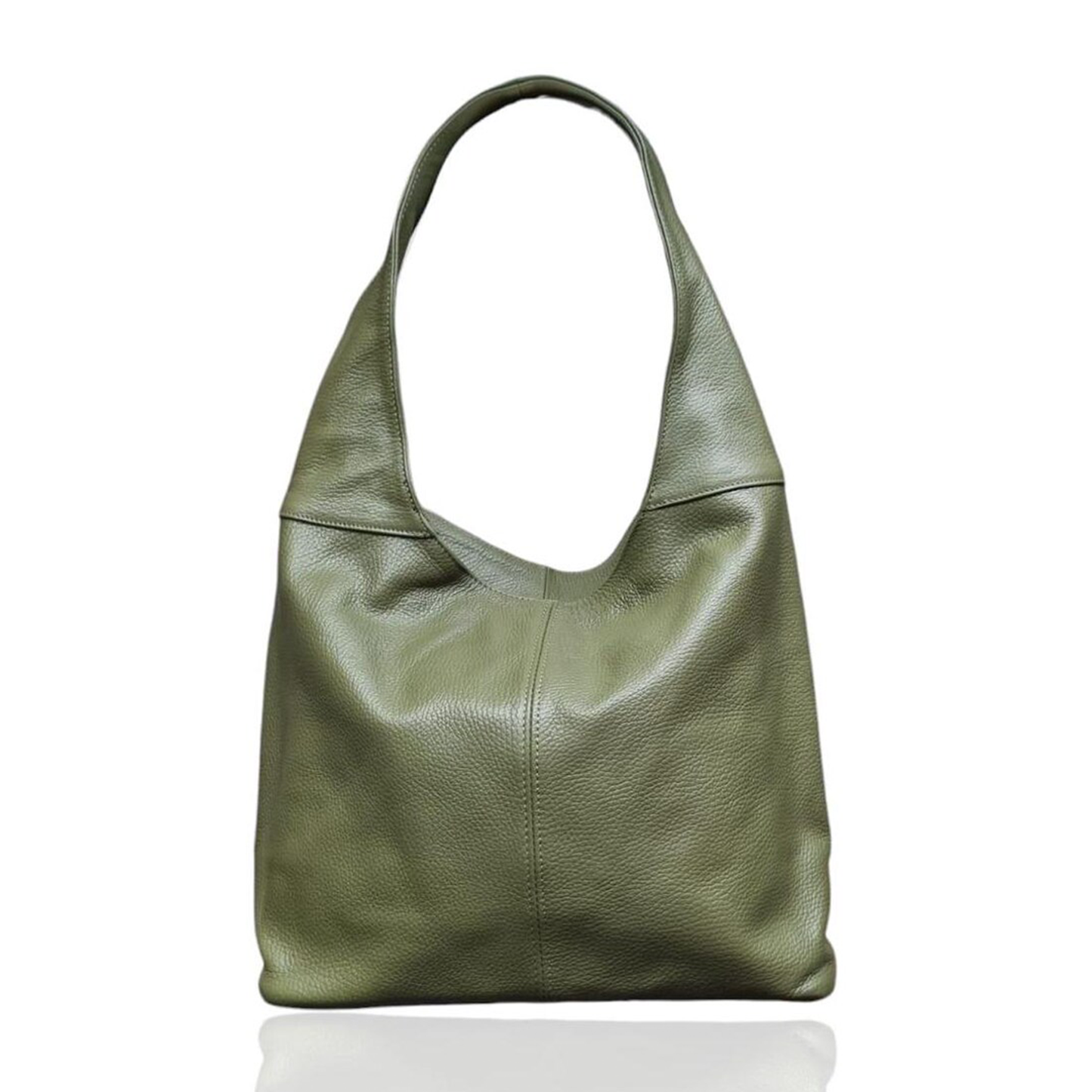 Olive Green Pebbled Oversized Slouchy Hobo Tote With Segmented Front Stitching, Integrated Wide Shoulder Loop And Inner Divided Storage Slots