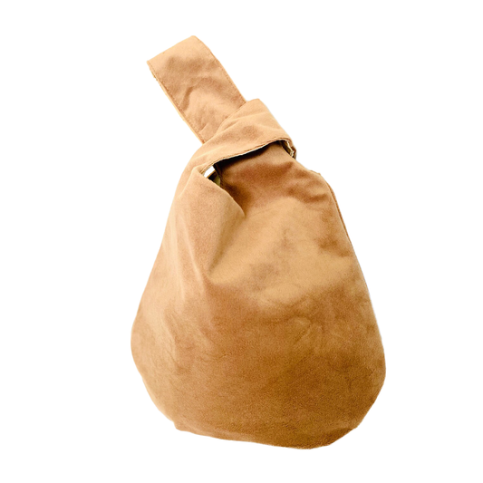 Camel Plush Velvet Teardrop Knot Tote With Thread-Through Shoulder Tab, Full Smooth Inner Lining And Uniform Top-Stitched Edge Detailing