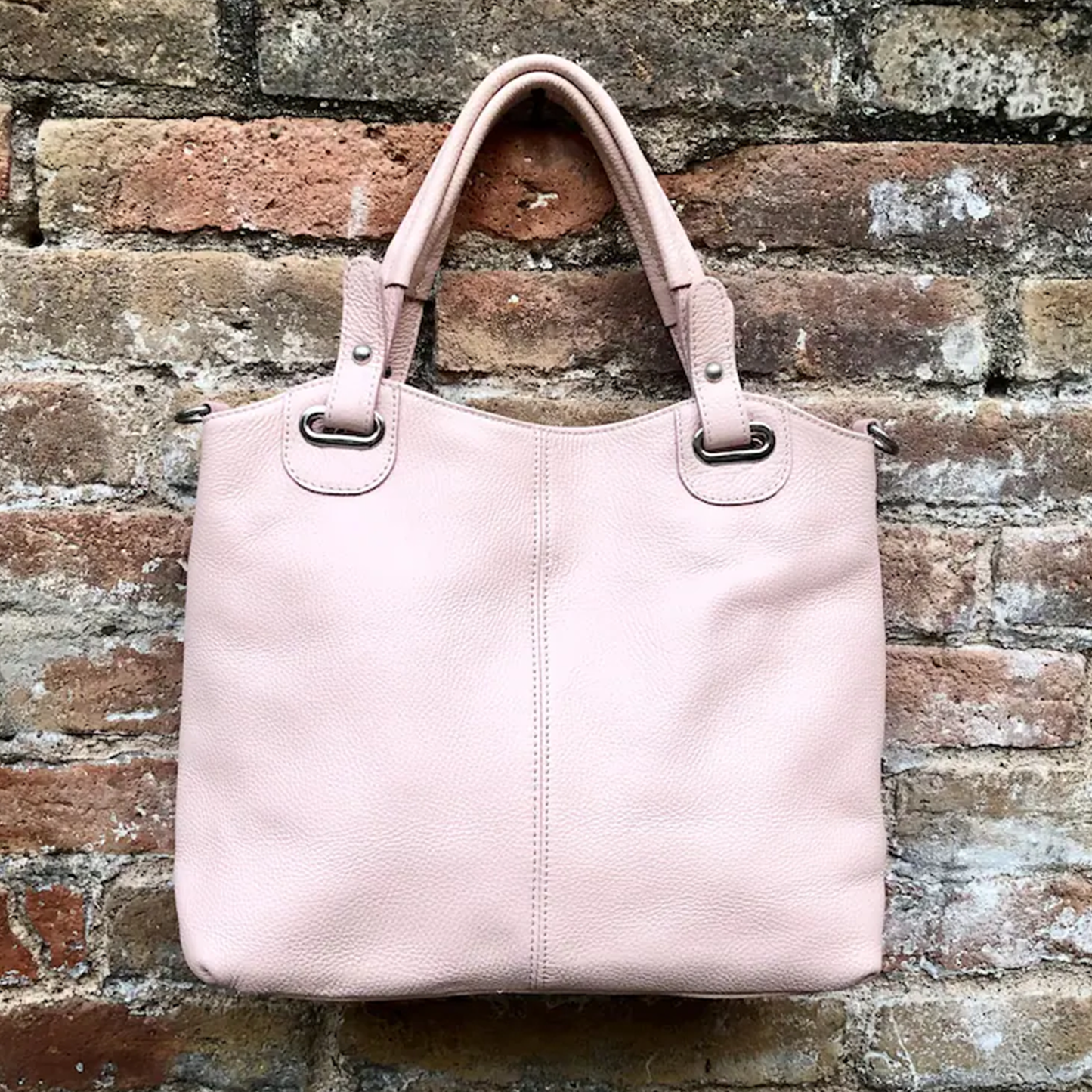 Pale Blush Pebbled Soft Shopper Tote With D-Ring Top Carry Tabs, Detachable Slim Hanging Strand And Dual Inner Zip Storage Slots